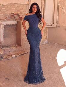 Elegant Women's Asymmetrical Neckline Mermaid Ball Gown With Sequin Embellishment And Cold Shoulder Sleeves, Suitable For Formal Occasions - Royal Blue - View 6