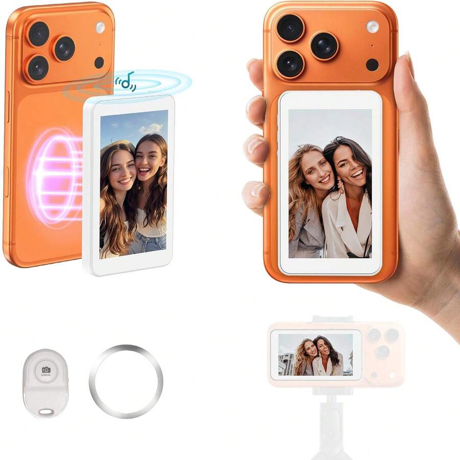 Vog Selfie Monitor Screen For 17 Series And Android Phones, Wireless Magnetic Attachment With Built-In Speaker, Supports 4K/1080P High Definition Resolution, Comes With Remote Control, Suitable For Live Streaming And Vlog Shooting, Built-In 1250mAh Battery