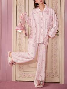 Gongdie 2pcs Disney Marie Women's Pajama Set, Spring/Autumn Pink Plaid & Floral Patchwork Soft Cotton Loungewear With Pockets - Pink - View 4