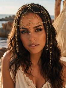 STONEFANS 1pc Gold Crystal Rhinestone Multi-Layer Head Chain, Women's Bohemian Forehead Chain, Draping Hair Accessory, Beach Music Festival Wedding Vacation Headpiece - Gold - View 1