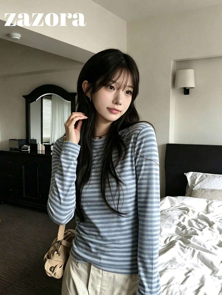 Kaos Lengan Panjang Bergaris Colorblock Serbaguna untuk Wanita, Atasan Pas Badan yang Melangsingkan untuk Musim Gugur - Biru - View 1