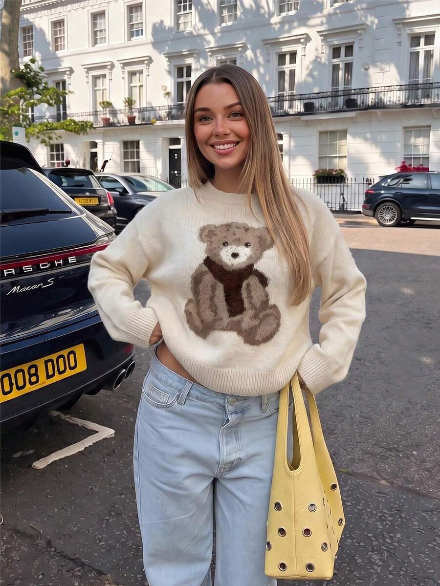 Joy Knit Women's Autumn/Winter New Sweater Top - Casual Minimalist Fashion Versatile - Basic Tops - Knitwear - Vintage Collegiate Style - Back To School - Teddy Bear Cute Animal Print - Loose Round Neck Pullover Sweater - Apricot - View 1