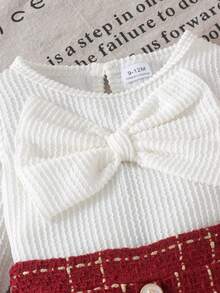 2pcs Baby Girl Luxury Elegant Style Large Bow Decor Textured Round Neck Long Sleeve Top & Plaid Skirt Set, Spring/Autumn Thin - Burgundy - View 4