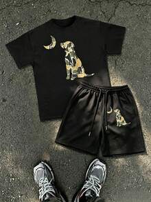 Men T-Shirt Co-Ords - Black top + black shorts - View 1