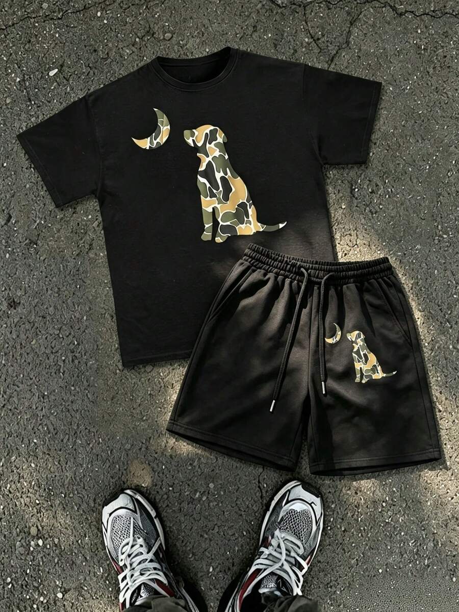 Men T-Shirt Co-Ords - Black top + black shorts - View 1