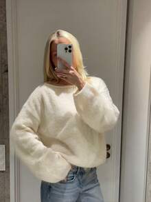 Women Casual Autumn Winter Boat Neck Beige Solid Color Drop Shoulder Knit Top Long Sleeve Puff Sleeves Sweater Daily/Work/ - Beige - View 8