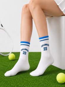 2 Pairs Fun Couple #23 Printed Tennis Mid-Calf Socks, Blue & White Striped Ribbed Cuff Calf Socks, Soft Skin-Friendly Elastic Retro Collegiate Style Training Socks - Blue - View 9