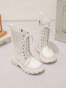 1 Pasang Sepatu Bot Kasual Modis Musim Semi/Gugur Terbaru, Hangat dan Nyaman, Ujung Bulat, Desain Resleting Samping, Panjang Setengah Betis untuk Anak Perempuan, Sepatu Bot Klasik - Putih - View 3
