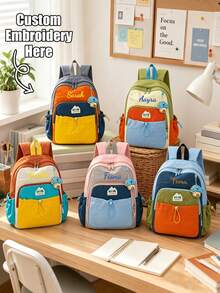 Personalized Color Block Backpack, Fashion Casual Daypack With Front Pocket, Lightweight Outdoor Sports Rucksack, Zipper Backpack For School, Hiking - Multicolor - View 2