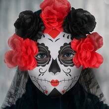 1pc/Day Of The Dead Floral Lace Veil Mask, Halloween Ghost Bride Party Ball Cosplay Costume Photo Prop - Multicolor - View 3