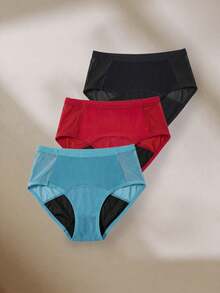 3pcs/Pack Women's High Waist Period Panties, Mesh Patchwork, Leak-Proof Breathable Sanitary Underwear, Multi-Color - Multicolor - View 6