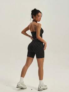 Spaghetti Strap V-Neck Ruched Bust Cropped Camisole & High-Waisted Ruched Butt-Lifting Cycling Shorts, Soft Elastic Slim Fit Set, Suitable For Daily Fitness And Outings - Black and White - View 4