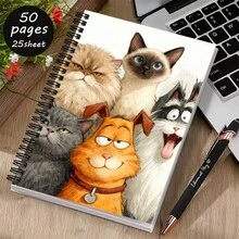 1pca A5 Cartoon Group Cats & Funny Dog Watercolor Spiral Notebook, 25 Sheets (50 Pages) With High Quality Paper, Portable For Note Taking, Studying Creative Writing Ideal For Students, Professionals Artistic Design Lovers - Rectangle - View 5