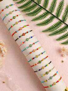 10pcs Colorful Daisy Beaded Adjustable Rope Bracelet Set, Bohemian Style Summer Handmade Woven Women's Daily Jewelry Gift - Small Flower Rice Bead Drawstring Bracelet - View 6