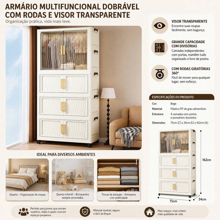 Guarda‑Roupa Armário Dobrável 4 Camadas Plástico PP Bege 75x34x162cm, Janela Transparente Visível, Módulo Para Pendurar Roupas, Alças Douradas, Rodas Universais Giratórias, Montagem Fácil, Empilhável com Travas Seguras,Ideal para Quarto Infantil, Quarto Principal, Sala de Estar para organizar roupas e brinquedos c