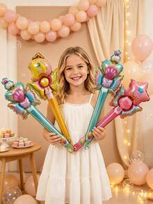 10pcs Random Princess Magic Wand Handheld Aluminum Foil Balloons, Shell Star Fairy Wand, Suitable For Children's Birthday Party Decoration Handheld Toy Balloons - View 1