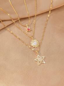3 piezas Collar colgante de diseño apilado, con colgantes de sol, girasol y estrella. El rico efecto de capas aporta una estética vintage, adecuado para uso diario, fiestas y regalos. - Conjunto de collar - Ver 4