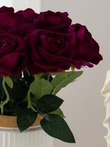 MEHELANY 9/5/1pc Burgundy Rose Artificial Bridal Bouquet, Realistic Velvet Artificial Flowers, Floral Decoration Fake Roses, Autumn Thanksgiving Gift, Wedding Home Party Birthday Graduation Anniversary Artificial Roses - Burgundy - View 3