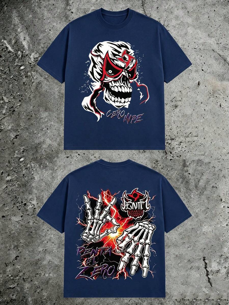 Oversized Luchador Mask Skull Tee, Double‑Sided Skeleton Hands Lightning Gothic Grunge Graphic, 180g Pure Cotton Short Sleeve For Men - 藏青色2 - 查看 1