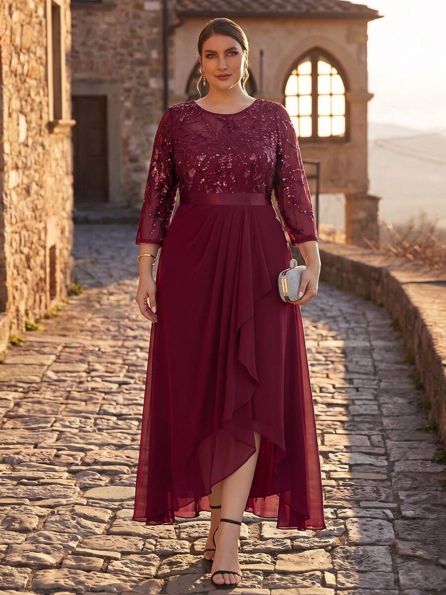 EVERPRETTY Women's Plus Size Elegant Burgundy Sequin Formal Dress, Round Neck 3/4 Sleeve, Ruffle Asymmetrical Hem Midi Length - Burgundy - View 1