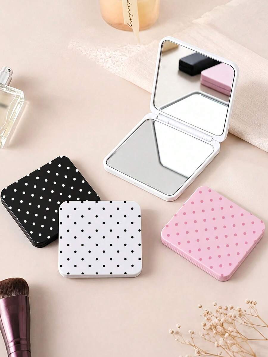 New Polka Dot Print Portable Square Makeup Mirror, Double-Sided Square Makeup Mirror, Women's Foldable Makeup Mirror, Compact Minimalist Makeup Mirror, Mini Makeup Mirror Suitable For Wallet And Travel - Multicolor - View 1