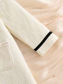 Girls French Style Tweed Dress, Cream Textured Tweed Fabric, Ruffle Collar With Black Satin Bow, Contrast Black Trim Cuffs, Double Pockets With Exquisite Pearl Chain Embellishment, Loose A-Line Silhouette - Apricot - View 7