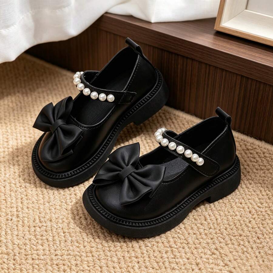 1 Pair Girls' Sweet Bow & Pearl Embellished Matte PU Fabric Round Toe Shallow Cut Hook-And-Loop Strap Low Heel French Style Children's Leather Shoes, Suitable For Spring/Summer Vacation And Party Occasions - Black - View 1