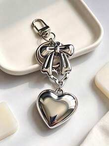 1pc Vintage Y2K Silver Bowknot Heart Keychain, Multi-Pendant Handbag/Wallet Or Keyring Decorative Accessory - Silver - View 5