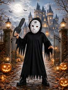 Fantasia Jason Com Motoserra e Máscara com Túnica Capuz Halloween Criança - Preto - Visão 9