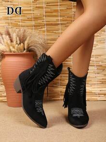 Retro Fringe Cowboy Boots, Pointed Toe Embroidery Flock Surface Chunky Mid Heel Western Ankle Footwear - Black - View 4