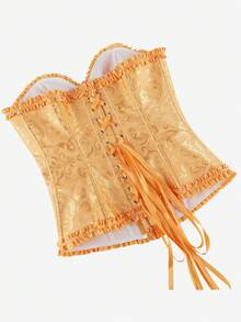 束胸上衣 罩胸式 Bustier 經典緹花 無肩帶 心形領 荷葉邊飾 腰部塑身衣 復古宮廷風 收腹束腰 萬聖節服裝 - 金色 - 查看 4