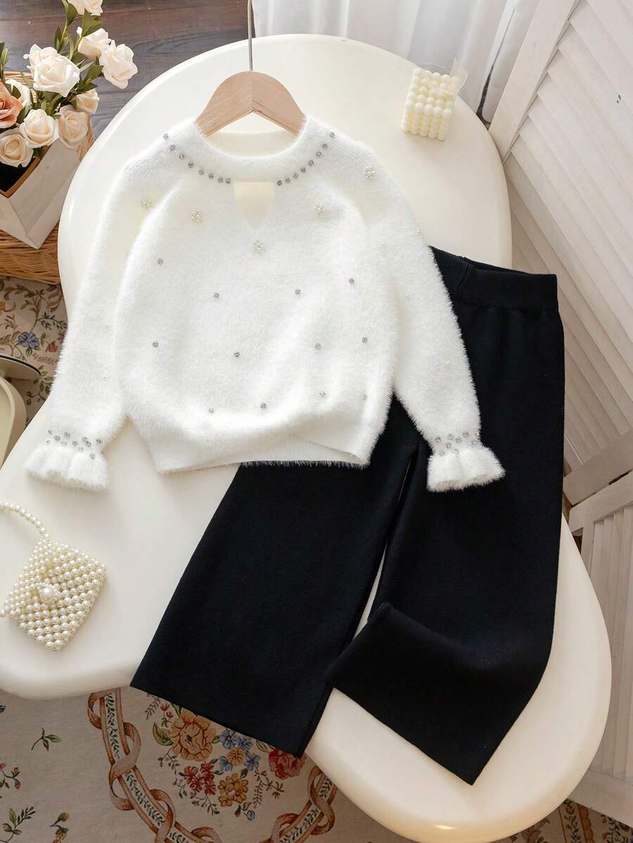 2pcs Set 1pc Girls Elegant Solid Color Beaded & Rhinestone Round Neck Raglan Sleeve Knit Pullover Sweater And 1pc Girls Solid Color Knit Long Pants, Suitable For School, Daily Casual, Spring, Autumn, Winter - White - View 1
