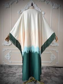 Hafizah Gaun Wanita Bertekstur Sutra dengan Warna Gradien, Gradien Putih ke Ungu-Merah Muda, dengan Hiasan Rumbai, Cocok untuk Acara Formal, Abaya Musim Gugur - Hijau Tentara - View 8