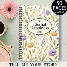1pc Eternal Happiness Floral Spiral-Bound Notebook (Ruled); A5 25 Sheets/50 Pages; Cover Features A Watercolor Wildflower And Botanical Design; Suitable For School And Office Use; Perfect Gift For Christmas Or Birthdays. - Rectangle - View 1