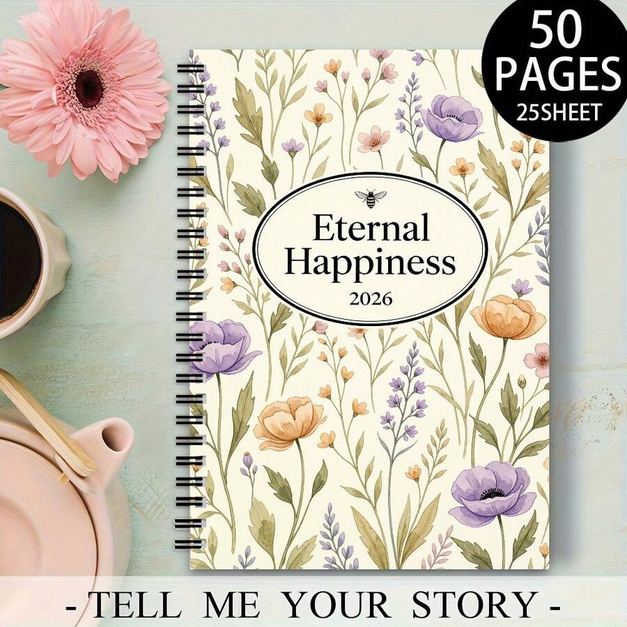 1pc Eternal Happiness Floral Spiral-Bound Notebook (Ruled); A5 25 Sheets/50 Pages; Cover Features A Watercolor Wildflower And Botanical Design; Suitable For School And Office Use; Perfect Gift For Christmas Or Birthdays. - Rectangle - View 1