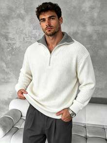 American Vintage Contrast Lapel Quarter Zip Knit Sweater, Men Chunky Rib Drop‑Shoulder Autumn Winter Knitwear - White - View 1