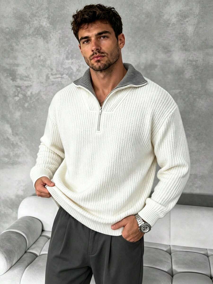 American Vintage Contrast Lapel Quarter Zip Knit Sweater, Men Chunky Rib Drop‑Shoulder Autumn Winter Knitwear - White - View 1
