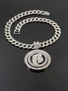 Rotating B Letter Round Pendant Full Rhinestone Cuban Necklace, European And American Hip-Hop Style Men's Accessory, Nightclub Rap Street Fashion Personalized Gift Jewelry - Rotatable Letter B - View 7