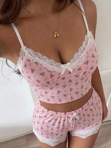 DAZY 两件套女士睡衣套装，蕾丝V领吊带背心搭配蕾丝蝴蝶结装饰短裤，柔软可爱女士睡衣套装 - 淺粉色 - 查看 1