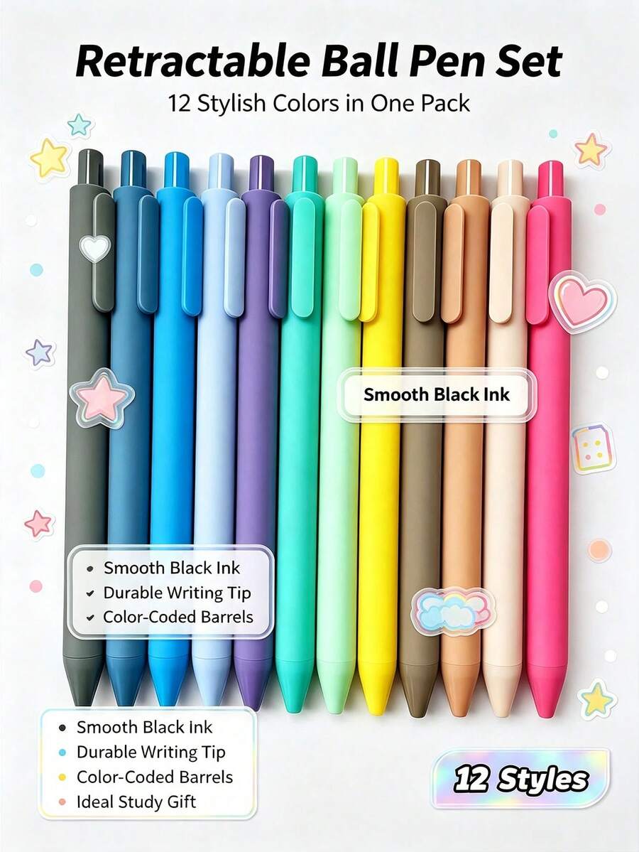 Retractable Gel Ink Pen Set, Smooth Writing, Soft Colors, Office Supplies, Diary, Learning Stationery, Gift, Aesthetic Design - A - View 1