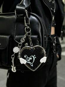 1Pc Korean Ancient Love Small Wing Mirror, Bag Hanging Ins Style Note Guitar Pendant Keychain, Y2K Portable Heart Shaped Small Mirror Key Chain - Multicolor - View 1