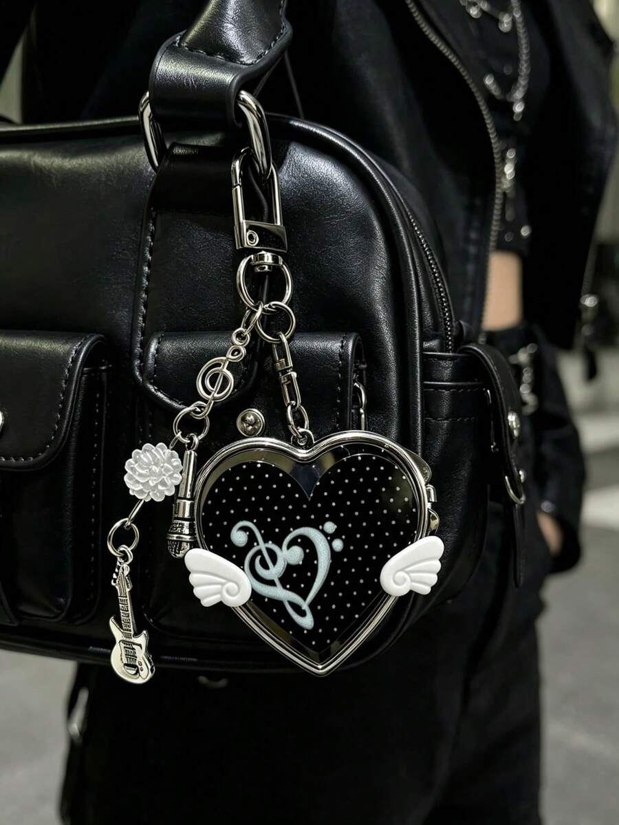 1Pc Korean Ancient Love Small Wing Mirror, Bag Hanging Ins Style Note Guitar Pendant Keychain, Y2K Portable Heart Shaped Small Mirror Key Chain - Multicolor - View 1