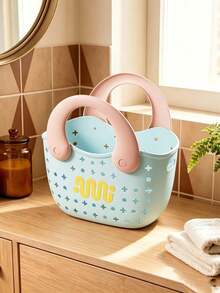 1pcModern Simple Plastic Shower Caddy, Curved Bucket Shape With Dual Handles, Hollow Perforated Design And Contrast Letter Print, Portable Bath Storage Basket For Toiletries, Suitable For Bathroom, Dormitory And Swimming Pool - Multicolor - View 6