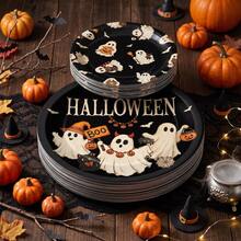 10/20/40pcs Vintage Boo Ghost Disposable Paper Plates, Black Background With Cute Ghost, Pumpkin And Bat Prints, 7 Inch And 9 Inch Dinner Plates, Spooky Autumn Halloween Tableware, Suitable For Halloween Party, Trick Or Treat, Autumn Gathering And Spooky Dessert Table Decoration - Ghost Edition - View 2