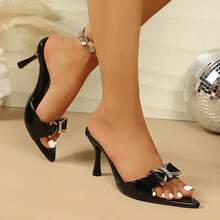 French Style Pointed Toe Rhinestone Bow High Heel Women's Party Shoes - Black - View 8