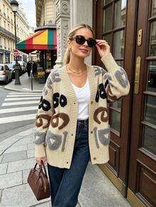 Women's Colorblock Plush V-Neck Cardigan, Front Button Closure, Dropped Shoulder Long Sleeve, Comfortable Knit Sweater For Autumn/Winter Daily Wear - Multicolor - View 2