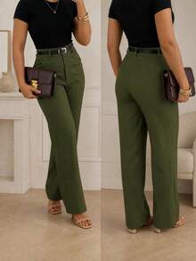 Solid Color Buttonless Zipper Pocket Suit Fabric Straight Leg Pants, Elegant Office Commute Daily Casual Versatile Trousers For Spring/Summer/Autumn - Army Green - View 4
