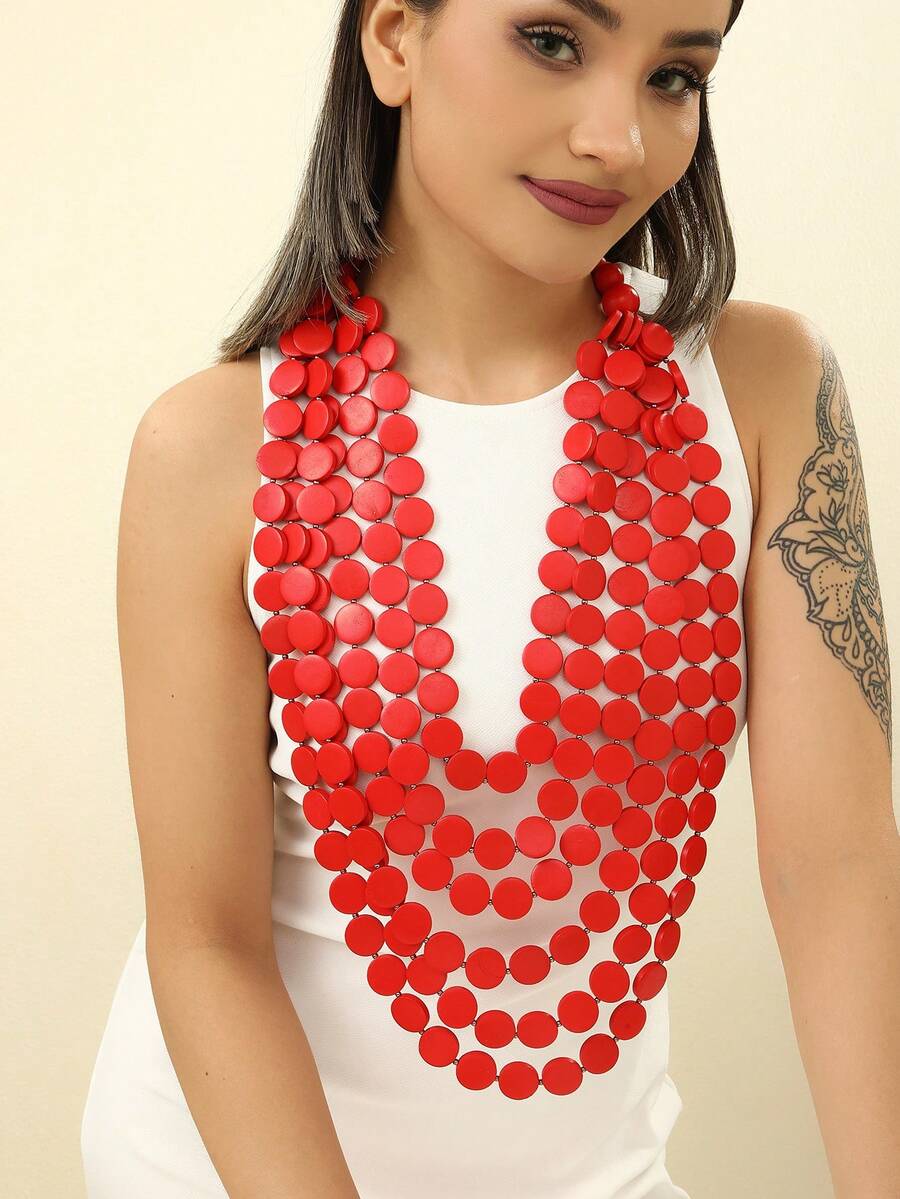 European & American African Exaggerated Vintage Bohemian Multi-Layer Colorful Wooden Bead Long Necklace - Red - View 1