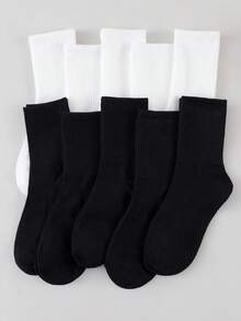3/5/10 Pairs Men Solid Vertical Ribbed Crew Socks, Black White Basic Breathable Daily Sports Casual Socks - Black and White - View 1