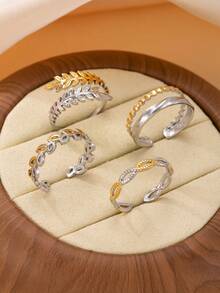 4pcs Stainless Steel Ring Set, Minimalist Adjustable Open Rings, Hollow Geometric Pattern Rings, Men's Wedding Accessories - Silver - View 15